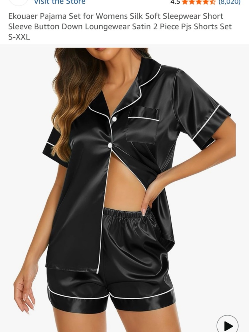 NWOT Satin Short-Sleeve Button-Down Pajama Set - Black with White Piping